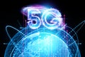 Hologram 5G creative mobile technology background. 5G network concept, high speed mobile internet, new generation networks. Mixed