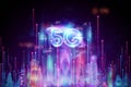 Hologram 5G creative mobile technology background. 5G network concept, high speed mobile internet, new generation networks. Mixed