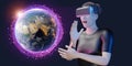 Hologram globe woman wearing vr glasses virtual reality navigation technology travel planning world map 3d illustration