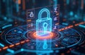 Hologram padlock in digital interface shows secure tech. Futuristic security concept with digital lock. Interface with glowing