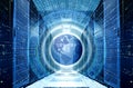 Hologram with planet earth and binary code on background symmetrical data center with rows of supercomputers. Big data Royalty Free Stock Photo