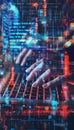 Hologram screen coding programmer typing on keyboard, digital technology concept