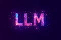 Hologram text LLM with polygonal and hexagonal lines in dark purple background. Ai concepts