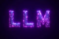 Hologram text LLM with polygonal and hexagonal lines in dark purple background. Ai concepts