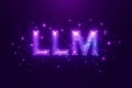 Hologram text LLM with polygonal and hexagonal lines in dark purple background. Ai concepts