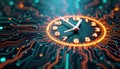 Hologram time clock displays time on tech circuit board. Digital clock shows time. Futuristic tech concept. Time management,