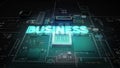 Hologram typo 'BUSINESS' on CPU chip circuit, grow artificial intelligence technology.