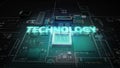 Hologram typo 'TECHNOLOGY' on CPU chip circuit, grow artificial intelligence technology.