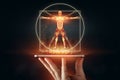 Hologram Vitruvian man, the structure of human muscles, biology of the muscular system. Human anotomy concept