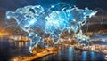 Hologram of the World map with the global system of international supply chains. Generative AI Royalty Free Stock Photo