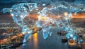Hologram of the World map with the global system of international supply chains. Generative AI Royalty Free Stock Photo