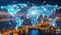 Hologram of the World map with the global system of international supply chains. Generative AI Royalty Free Stock Photo