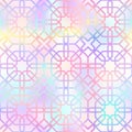 Holographic abstract geometric seamless pattern. Vector gradient oriental ornament on shiny pastel background. Arabic Royalty Free Stock Photo