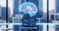 Holographic AI Brain Projected Above Laptop Showing Data Visualizations in Modern Office Royalty Free Stock Photo
