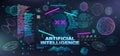 Holographic AI in humanoid head. Futuristic visualization Artificial intelligence. 3D Cyberpunk vector