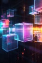 A holographic blockchain ledger with transparent data blocks, floating in dark cyberspace, high contrast, neon accents