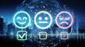 Holographic blue customer satisfaction rating interface 3D rendering