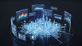 Holographic blue wireframe smart city visualization surrounded by floating digital data analysis screens Royalty Free Stock Photo