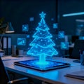 Holographic Christmas Tree and Data in Office Royalty Free Stock Photo