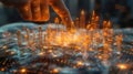 A holographic city emerges from a palmsized device displaying realtime data and projections for a specific company. The