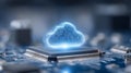 Holographic cloud formed from circuitry above a processor, representing scalable cloud computing infrastructure. Royalty Free Stock Photo