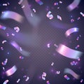 Holographic confetti. Festive neon sparkles, party carnival decor, metal foil particles explosion, rainbow iridescence Royalty Free Stock Photo