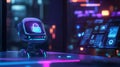 Holographic customer service bot resolving billing issues on a desktop screen. Generative AI