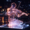 Holographic cyborg playing violin, AI generated