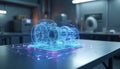 Holographic 3D blueprint of mechanical engine displayed on futuristic workshop table. Blue light projection shows precision Royalty Free Stock Photo