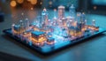 Holographic 3D city map displayed on tablet device. Interactive navigation for modern shopping centers. Digital innovation for Royalty Free Stock Photo
