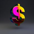 Holographic 3d dollar symbol. Glossy font with multicolor reflections and shadow isolated on black background