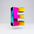 Holographic 3d letter E uppercase. Glossy font with multicolor reflections and shadow isolated on white background