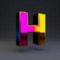 Holographic 3d letter H uppercase. Glossy font with multicolor reflections and shadow isolated on black background