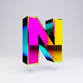 Holographic 3d letter N uppercase. Glossy font with multicolor reflections and shadow isolated on white background