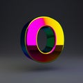 Holographic 3d letter O uppercase. Glossy font with multicolor reflections and shadow isolated on black background