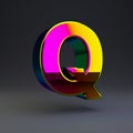 Holographic 3d letter Q uppercase. Glossy font with multicolor reflections and shadow isolated on black background