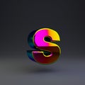 Holographic 3d letter S lowercase. Glossy font with multicolor reflections and shadow isolated on black background