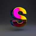 Holographic 3d letter S uppercase. Glossy font with multicolor reflections and shadow isolated on black background