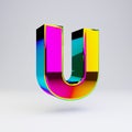 Holographic 3d letter U uppercase. Glossy font with multicolor reflections and shadow isolated on white background