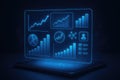 Holographic data analytics interface floating above a tablet device charts graphs Royalty Free Stock Photo