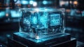 Holographic data cube displaying analytics in dark tech room Royalty Free Stock Photo