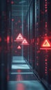 Holographic data packets escape server rack amidst flashing alerts, illustrating cybercrime urgency