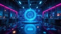 Holographic Data Stream Interface A wide shot of a dark, minimalist futuristic laboratory. In the center, a complex, multi layered Royalty Free Stock Photo
