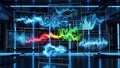 Holographic data visualization displays complex multicolored waveform analysis across several floating screens in a futuristic Royalty Free Stock Photo