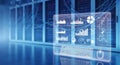 Holographic data visualization with keyboard and mouse on a futuristic desk in a server room with blue lighting Royalty Free Stock Photo