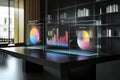 Holographic Data Visualizations with Pie Charts and Bar Graphs in Modern Office Space