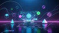 Holographic Digital Interface with Geometric Shapes and Data Streams in Neon Glow technology Royalty Free Stock Photo
