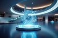 Holographic digital interface projecting from a futuristic platform in a modern Royalty Free Stock Photo