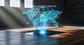 Holographic Digital World Map Displayed on Table with Global Data Network Visualization Futuristic Technology Concept Royalty Free Stock Photo