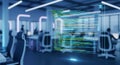 Holographic display of digital code projects in a modern office, showing lines of green and blue text over blurred workers and Royalty Free Stock Photo